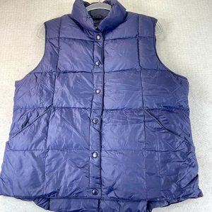 LANDS END Womens L Blue Down Puffer Quilted Button Up Collard Vest Pockets